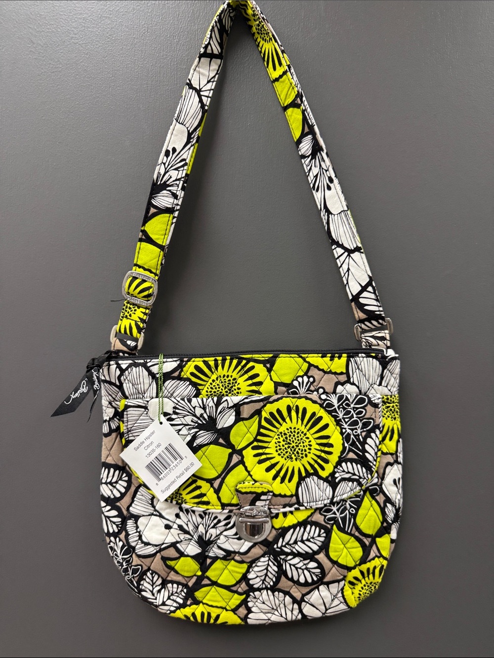 Vera Bradley Saddle Hipster Citron  Neon Yellow Floral Quilted Shoulder Bag